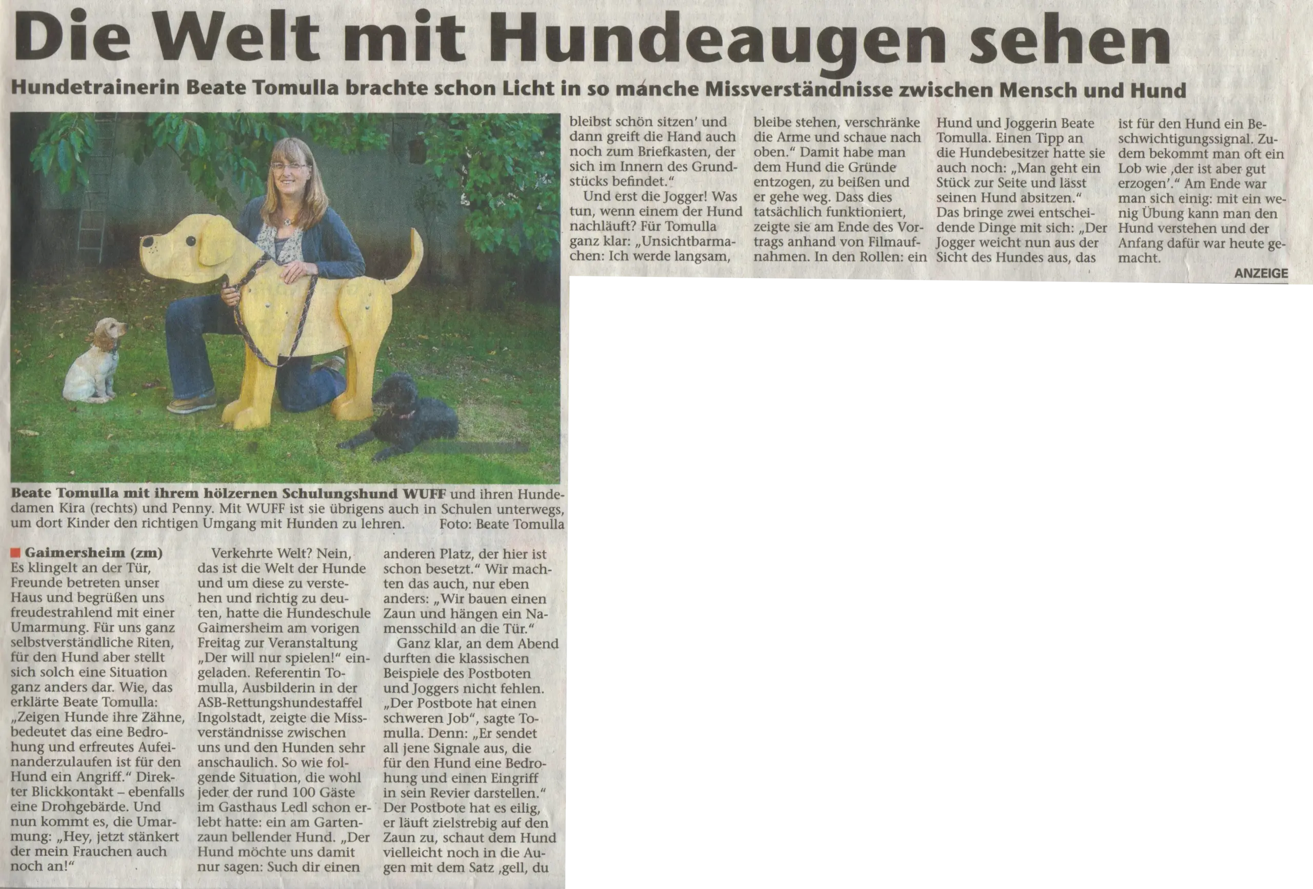 Bericht Donaukurier von Gaimersheimer Hundeverein über das WUFF Projekt